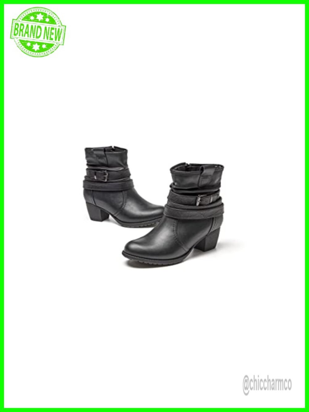 Women's Mid Calf Boots Round Toe Low Heel Slouchy Faux Leather Booties Buckle